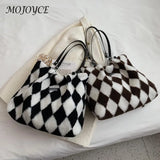Checkerboard Print Plush Shoulder Bag for Women