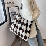 Checkerboard Print Plush Shoulder Bag for Women