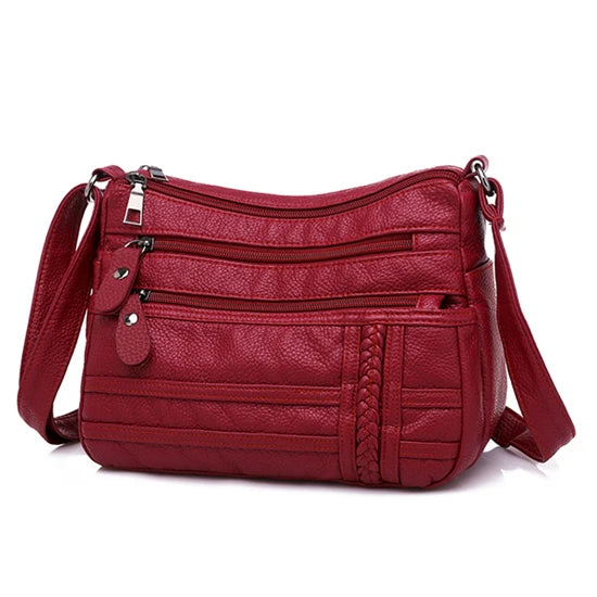 Women Shoulder Bag PU Leather Multi-layer Small Crossbody Bag Red Handbag