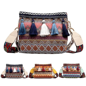 Women Shoulder Bag Purse Ethnic Style Tassel Decor Bucket Bag Crossbody Bags
