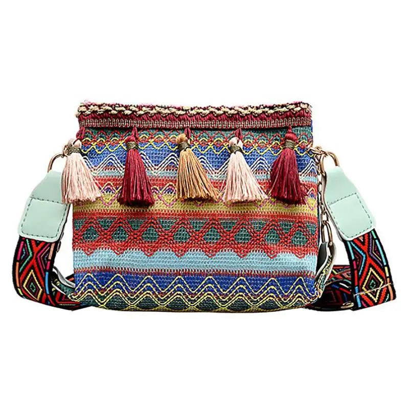 Women Shoulder Bag Purse Ethnic Style Tassel Decor Bucket Bag Crossbody Bags