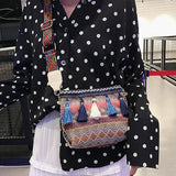 Women Shoulder Bag Purse Ethnic Style Tassel Decor Bucket Bag Crossbody Bags