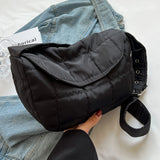 Quilted Cotton Shoulder Bag - Rhombus Pattern Flap Pocket
