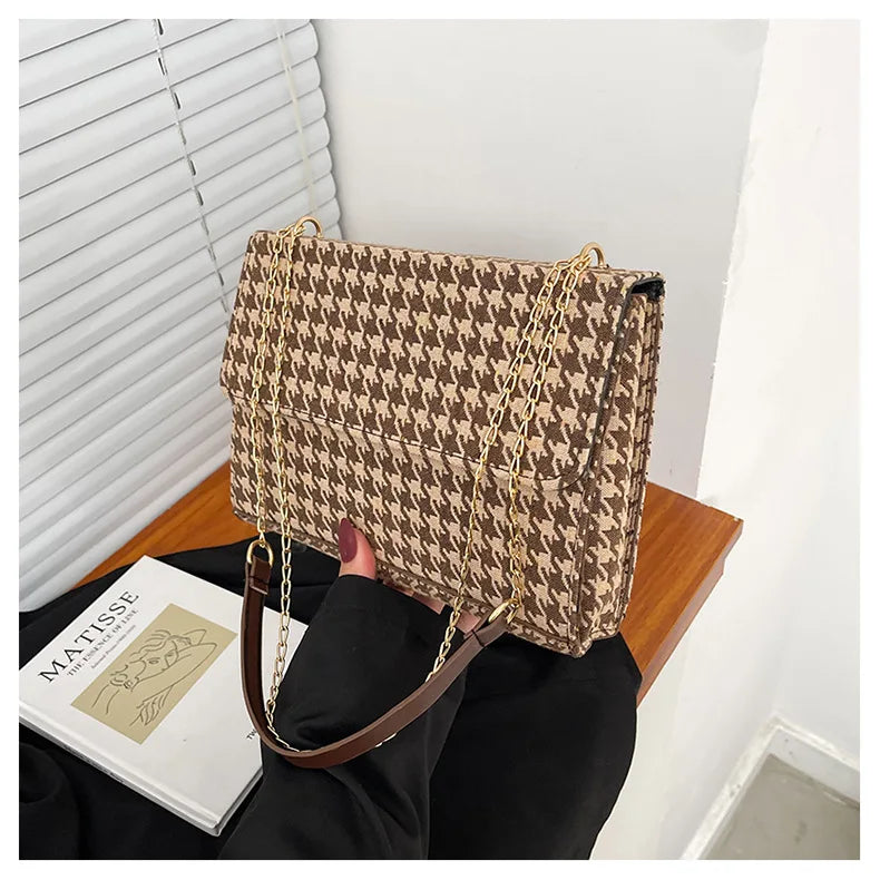 Women Shoulder Bag Houndstooth Square PU Leather Handbag Lock Messenger