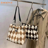 Checkerboard Printed Winter Shoulder Bag Plush Handbag