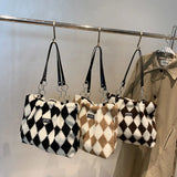 Checkerboard Printed Winter Shoulder Bag Plush Handbag