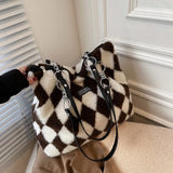 Checkerboard Printed Winter Shoulder Bag Plush Handbag
