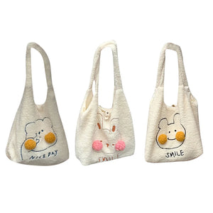 Winter Plush Underarm Bag with Cartoon Pompom Bear/Rabbit Shoulder