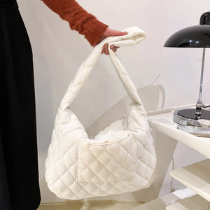 Cotton-padded Rhombic Lattice Quilted Shopping Tote Bag