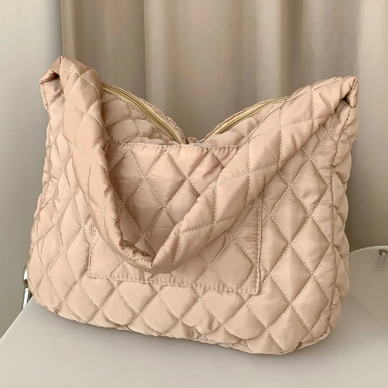Cotton-padded Rhombic Lattice Quilted Shopping Tote Bag