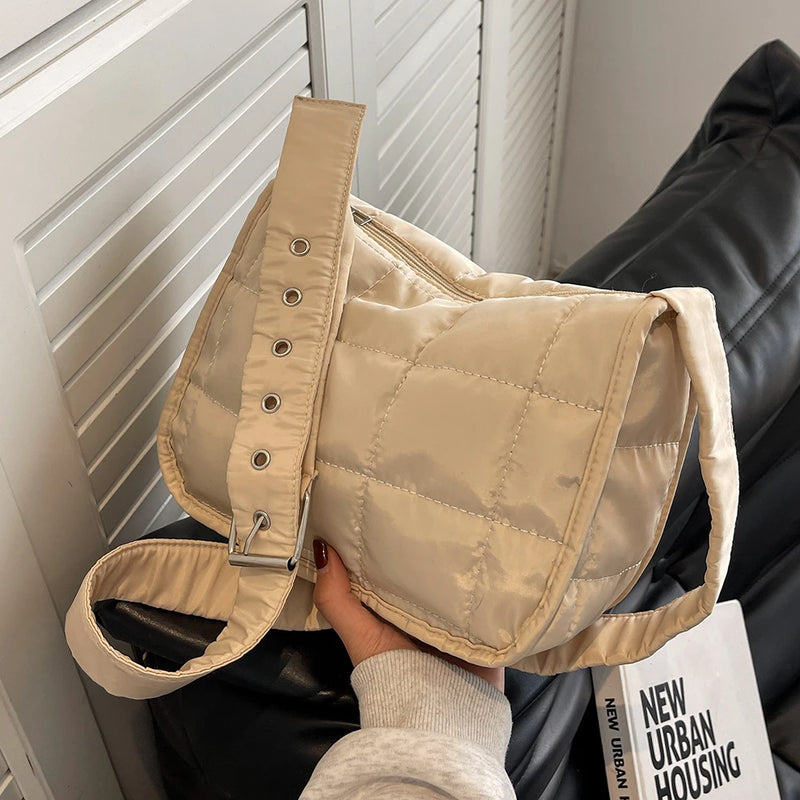 Quilted Cotton Padded Crossbody Bag Wide Strap Messenger Handbag