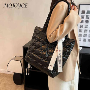 Cotton Padded Tote Bag with Ribbon - Large Capacity Women's Handbag