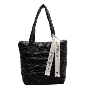Cotton Padded Tote Bag with Ribbon - Large Capacity Women's Handbag