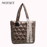 Cotton Padded Tote Bag with Ribbon - Large Capacity Women's Handbag
