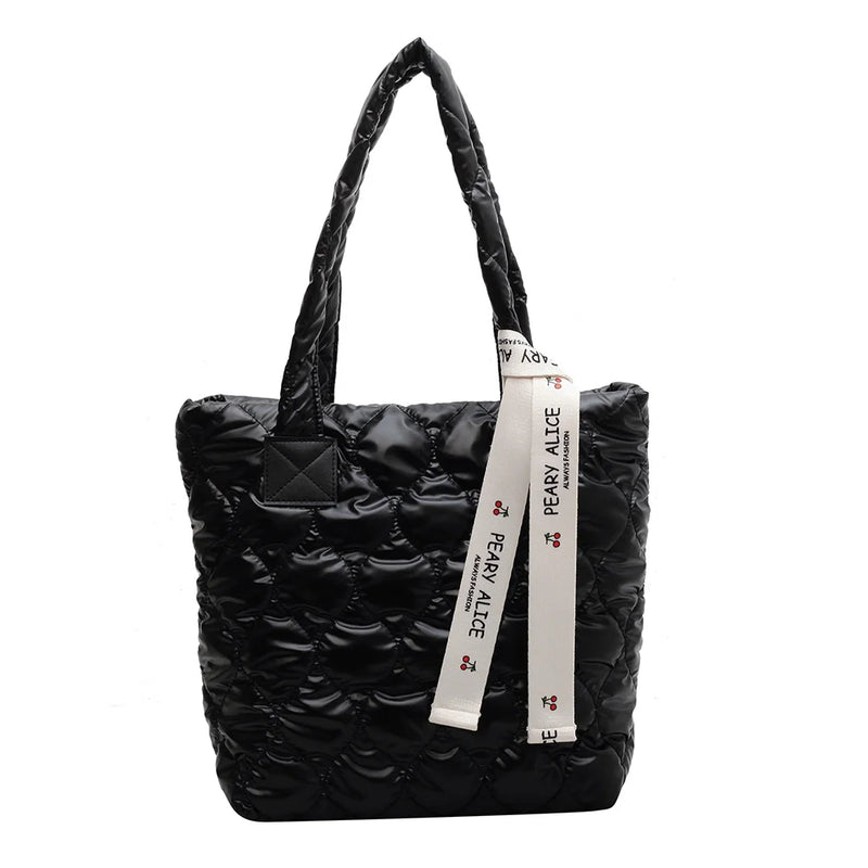 Cotton Padded Tote Bag with Ribbon - Large Capacity Women's Handbag