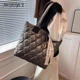 Cotton Padded Tote Bag with Ribbon - Large Capacity Women's Handbag