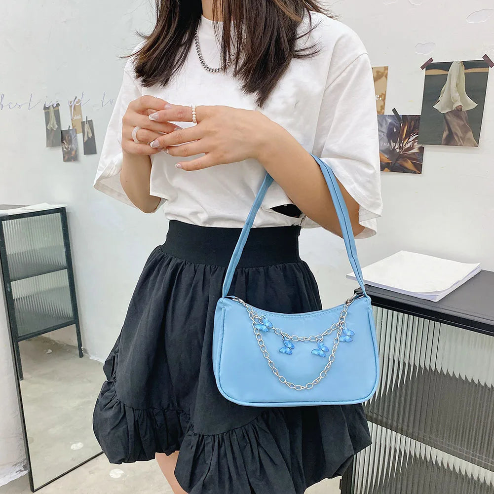 Women Small Shoulder Bag Vintage Butterfly Chain Zip