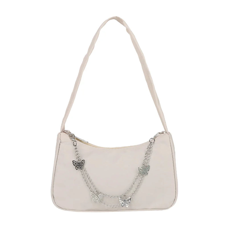 Women Small Shoulder Underarm Bag PU Leather Nylon Vintage Butterfly Ch