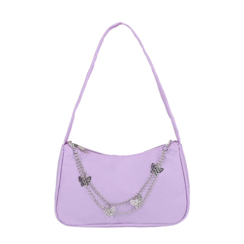 Women Small Shoulder Underarm Bag PU Leather Nylon Vintage Butterfly Ch