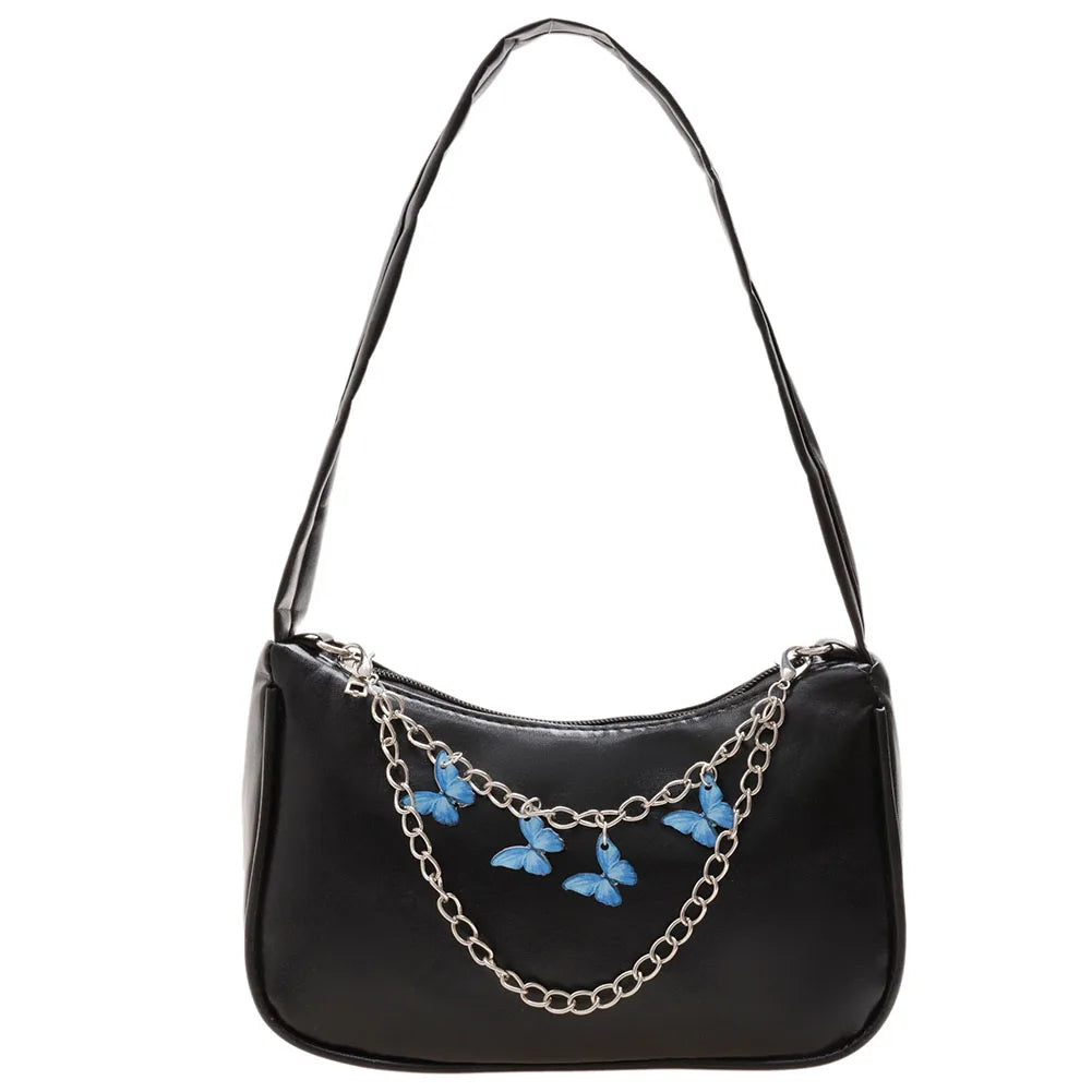 Women Small Shoulder Bag Vintage Butterfly Chain Zip