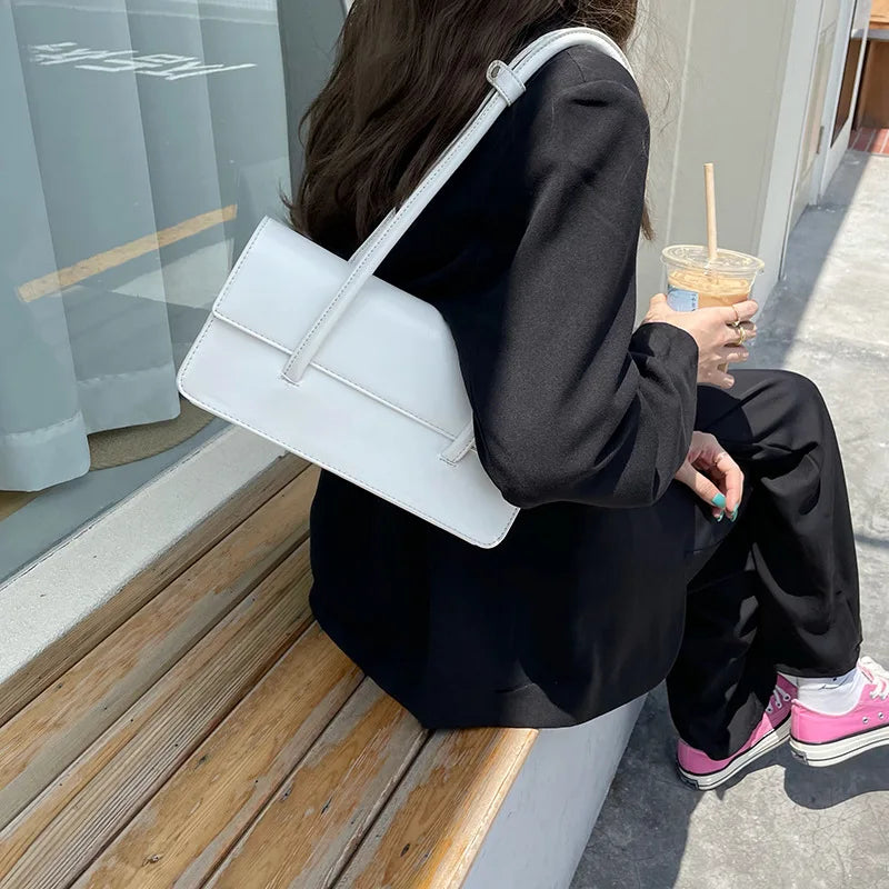 Retro Ladies Small Tote Shoulder Bag Solid PU Leather Female Underarm Bags