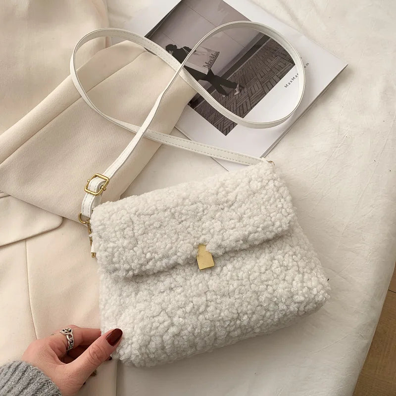 Soft Plush Handbags Faux Lamb Wool Square Shoulder Bags Retro Solid Female Purse