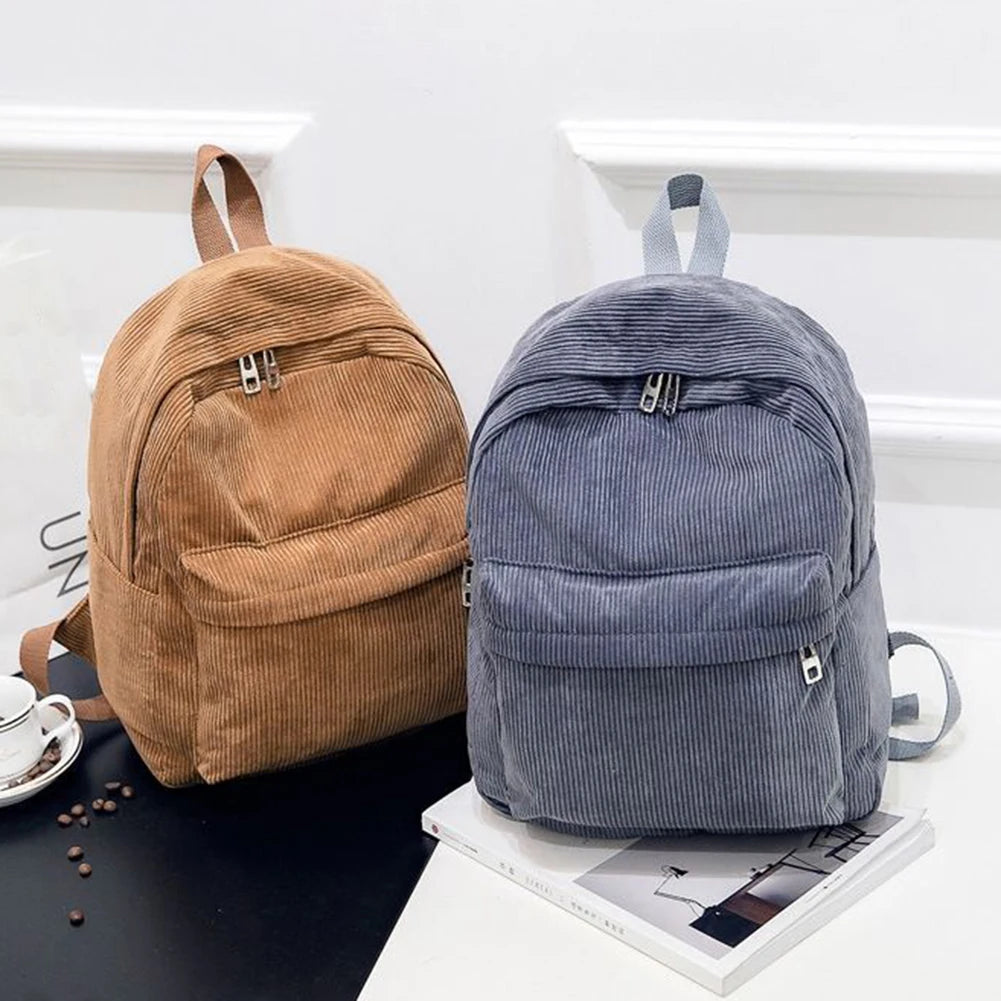 Corduroy Zipper Backpack Large Capacity Ladies Knapsack