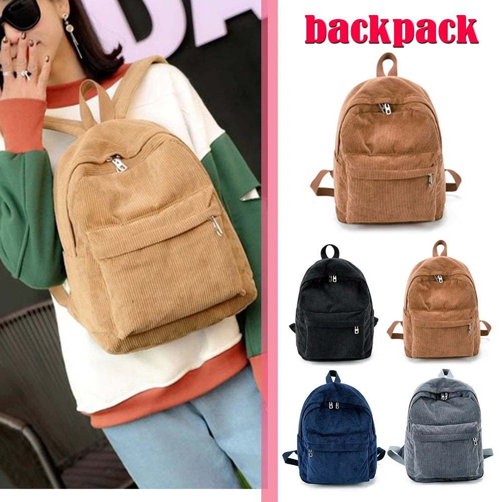 Solid Corduroy Knapsack Zipper Shoulder Backpack
