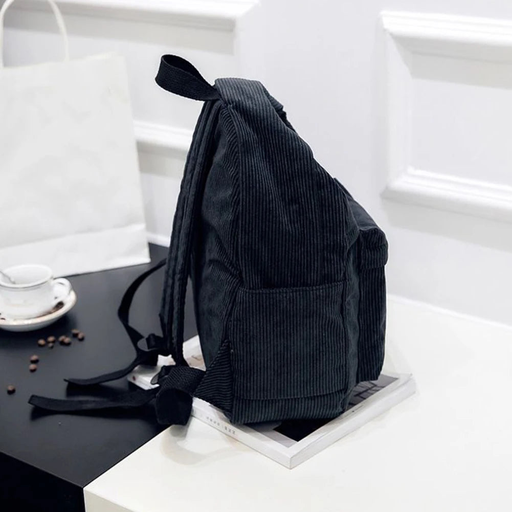 Solid Corduroy Knapsack Zipper Shoulder Backpack