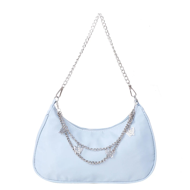 Women Solid Shoulder Underarm Bags Casual Ladies Shopper Purses Butterfly Chain