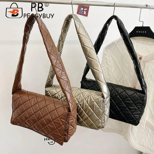 Women Space Padded Nylon Shoulder Armpit Bag Casual Quilted Top-handle Bags