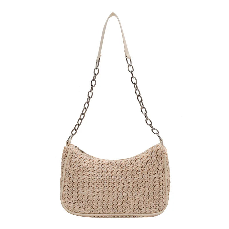Straw Weave Shoulder Underarm Bag Zipper Summer Beach Tote Handbags