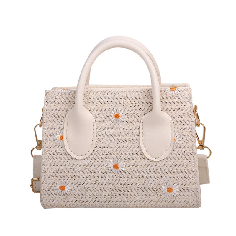 Women Straw Woven Daisy Embroidery Shoulder Bag