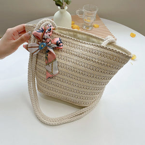 Straw Woven Ribbon Silk Scarf Shoulder Bag Casual Beach Crossbody Handbag