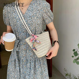 Straw Woven Ribbon Silk Scarf Shoulder Bag Casual Beach Crossbody Handbag