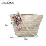 Straw Woven Ribbon Silk Scarf Shoulder Bag Casual Beach Crossbody Handbag