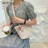 Straw Woven Ribbon Silk Scarf Shoulder Bag Casual Beach Crossbody Handbag