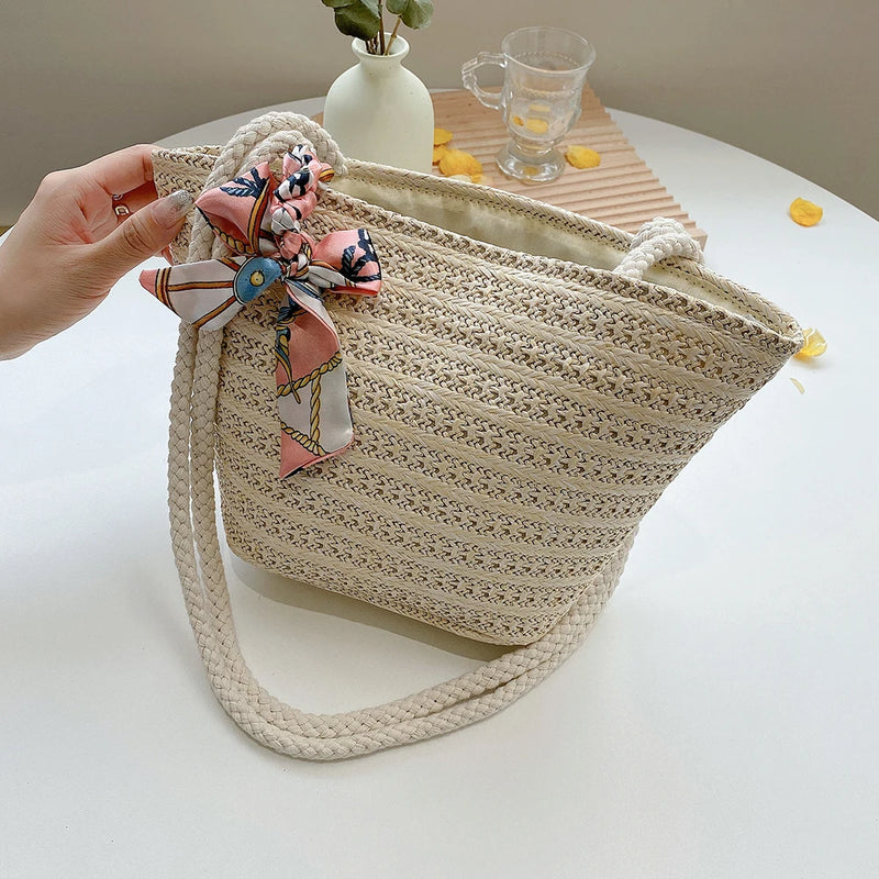 Straw Woven Ribbon Silk Scarf Shoulder Bag Casual Beach Crossbody Handbag