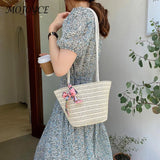 Straw Woven Ribbon Silk Scarf Shoulder Bag Casual Beach Crossbody Handbag