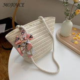 Straw Woven Ribbon Silk Scarf Shoulder Bag Casual Beach Crossbody Handbag