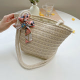 Straw Woven Ribbon Silk Scarf Shoulder Bag Casual Beach Crossbody Handbag
