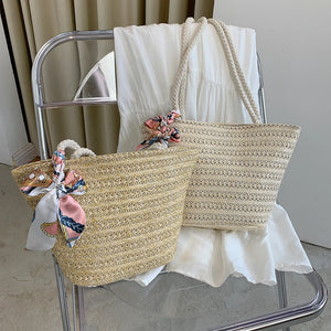 Straw Woven Ribbon Silk Scarf Shoulder Bag Casual Beach Crossbody Handbag