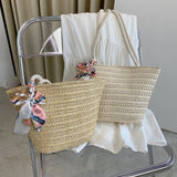Straw Woven Ribbon Silk Scarf Shoulder Bag Casual Beach Crossbody Handbag