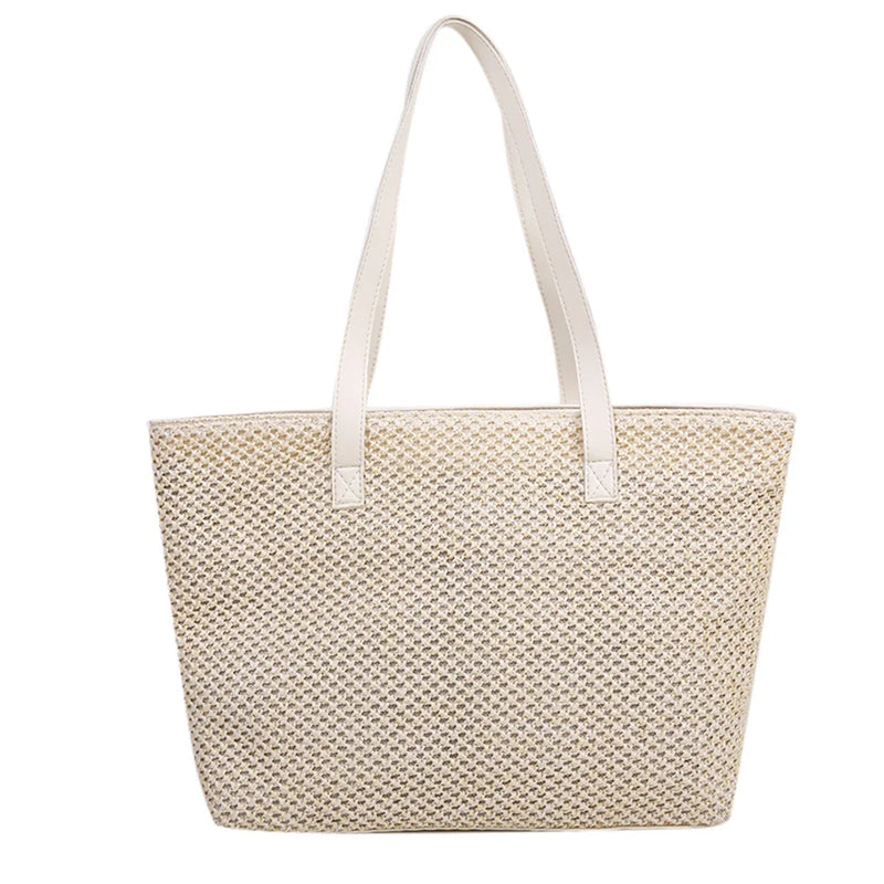 Straw Woven Leather Shoulder Tote Bag - Large Capacity Handbag