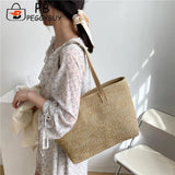 Straw Woven Leather Shoulder Tote Bag - Large Capacity Handbag