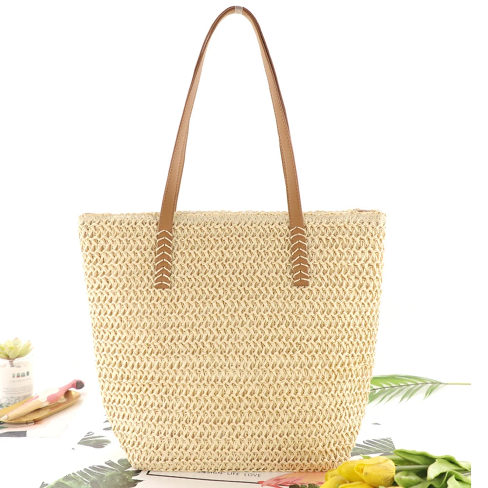 Women Summer Hand-woven Tote Bags Solid Travel Handbags Ladies Sea Beach