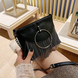 Women Tassel Small Square Bag Big Ring Leather Shoulder Crossbody Bags