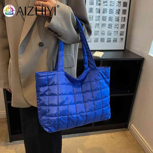 Women Quilted Tote Bag Rhombus Pattern Shoulder Handbag