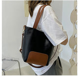 Women Tote Handbag PU Leather Patchwork Bucket Shoulder Bag High Capacity