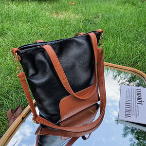 Women Tote Handbag PU Leather Patchwork Bucket Shoulder Bag High Capacity